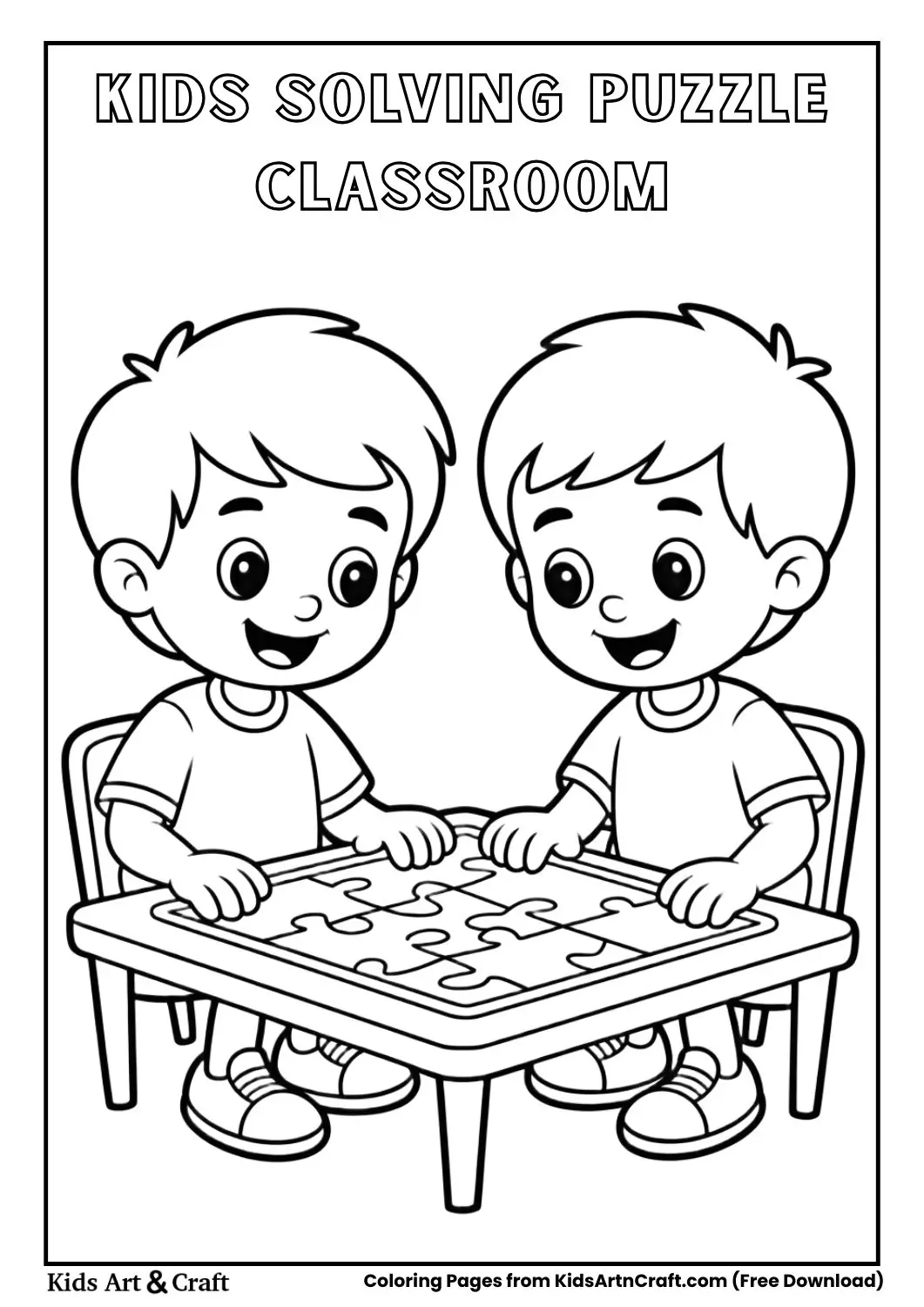 kids solving puzzle together in classroom coloring page