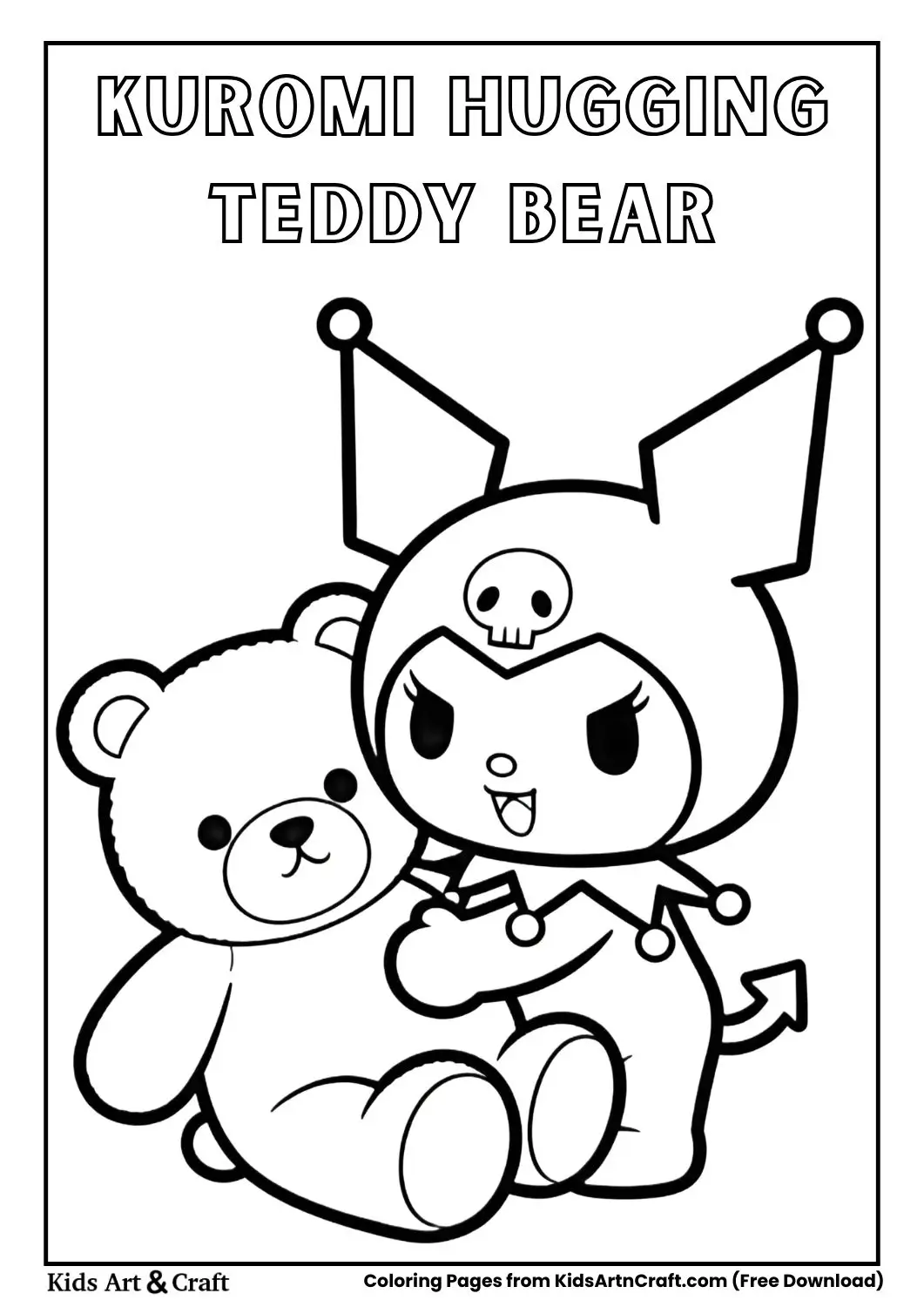 Kuromi hugging a teddy bear black and white kids coloring sheet