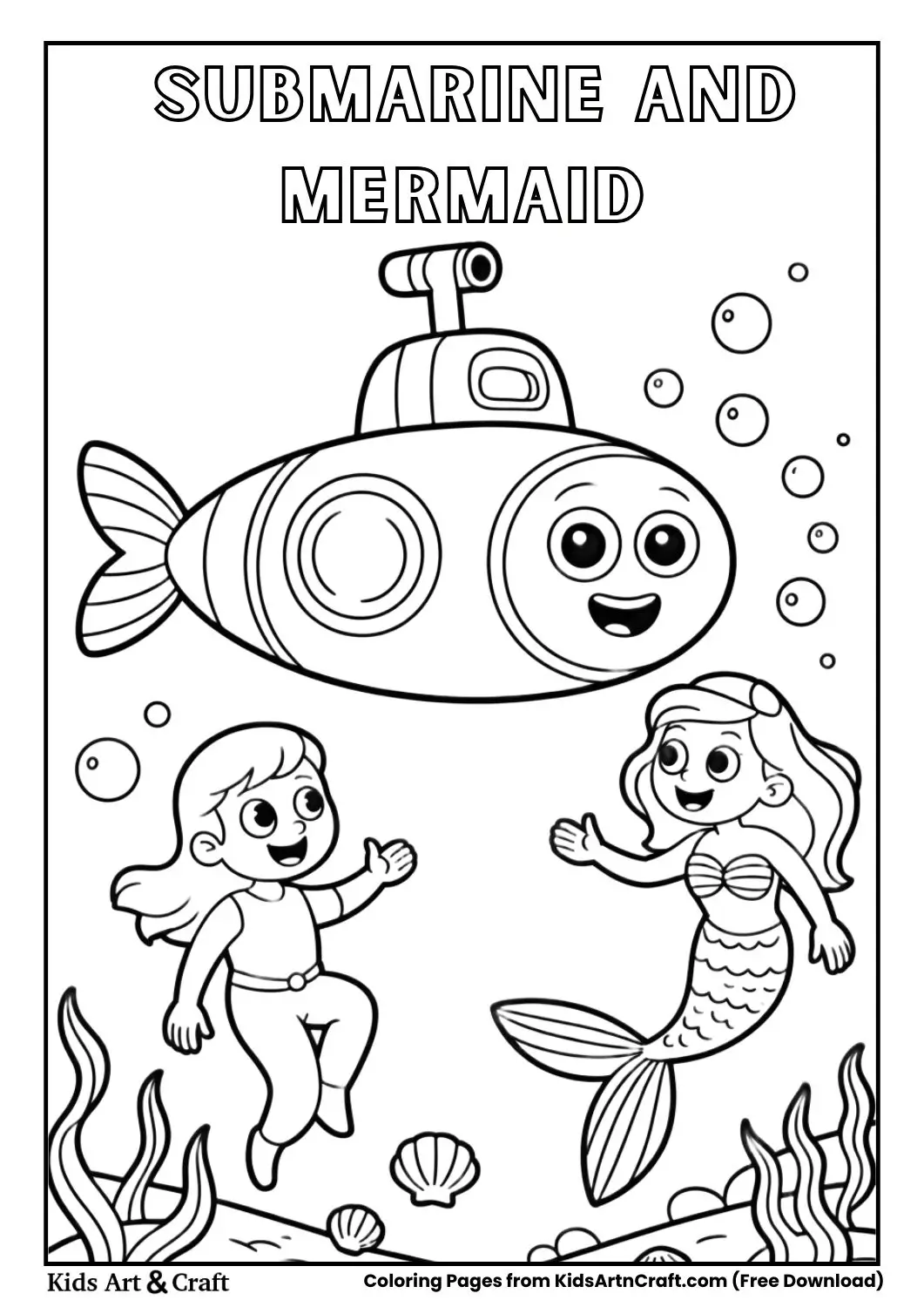 submarine meeting friendly mermaid underwater black and white coloring page