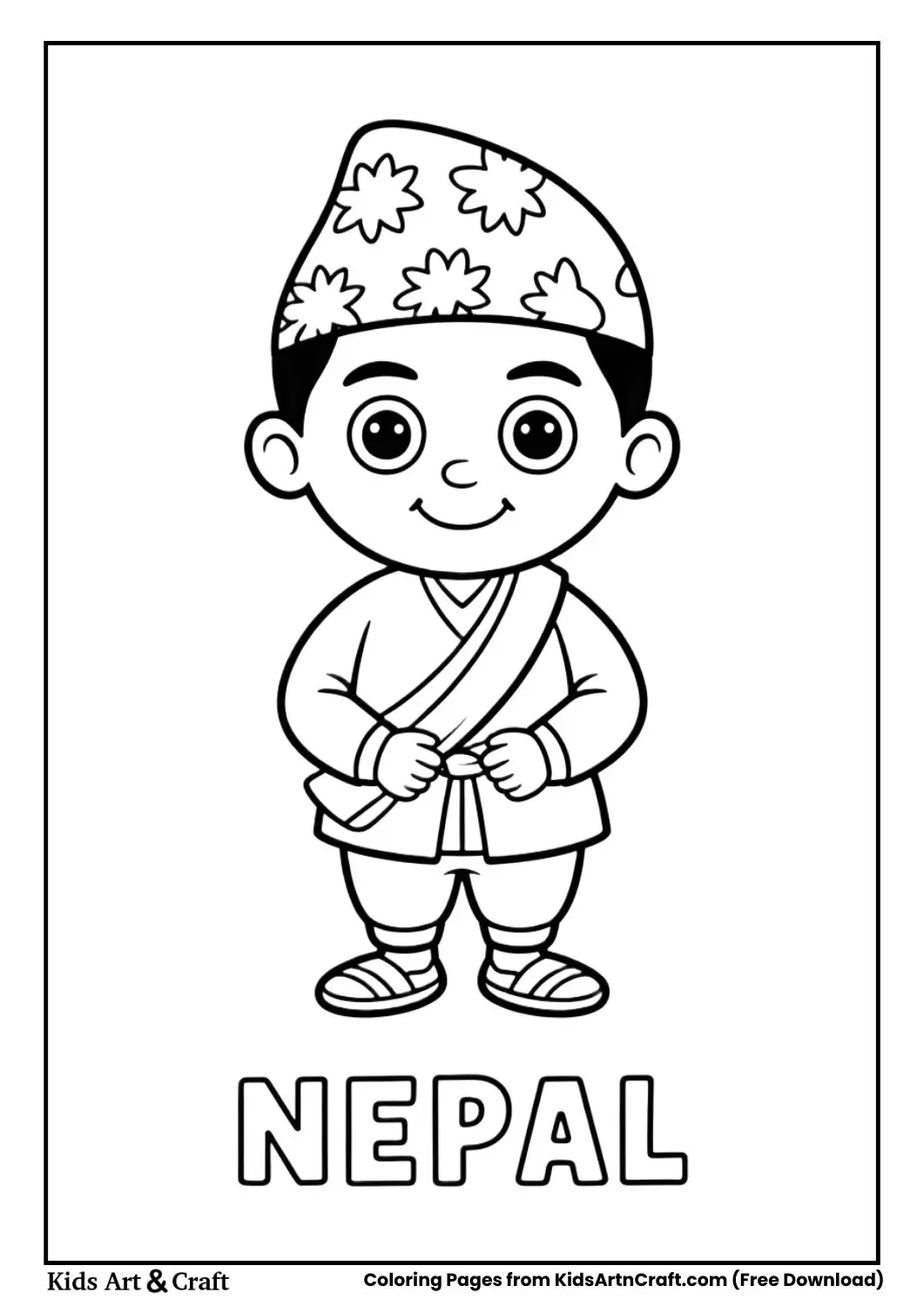 Boy wearing Nepali daura suruwal traditional costume coloring page with country name Nepal