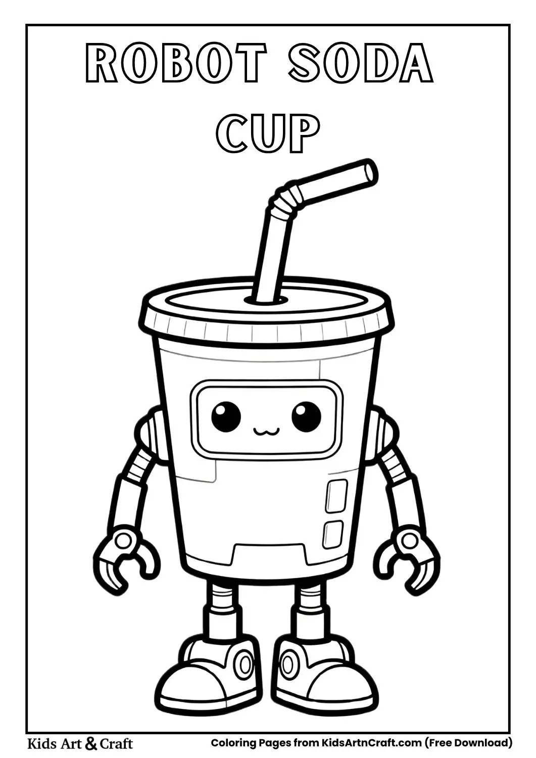 cartoon robot soda cup with straw antenna black and white coloring page
