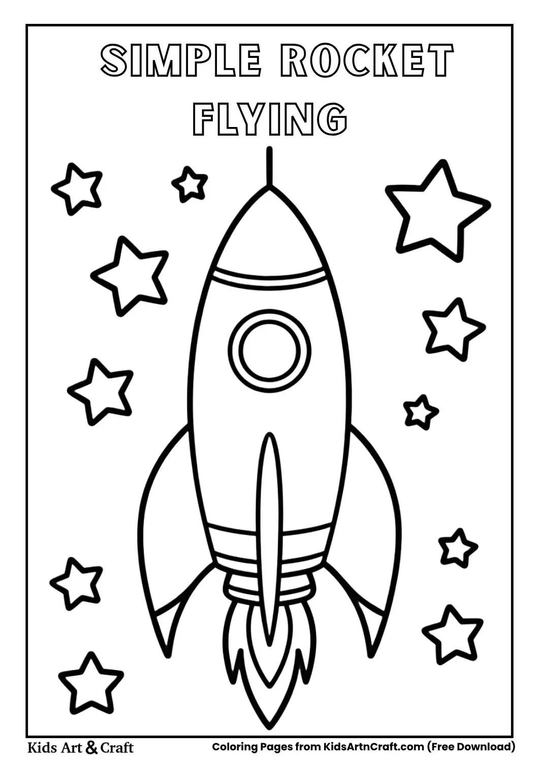 simple rocket flying black and white coloring page for kids
