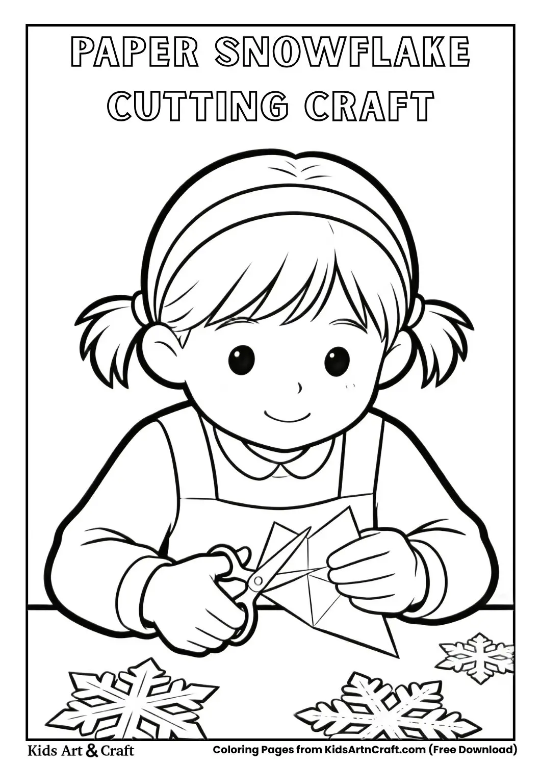 Black and white coloring page of child folding and cutting paper snowflakes