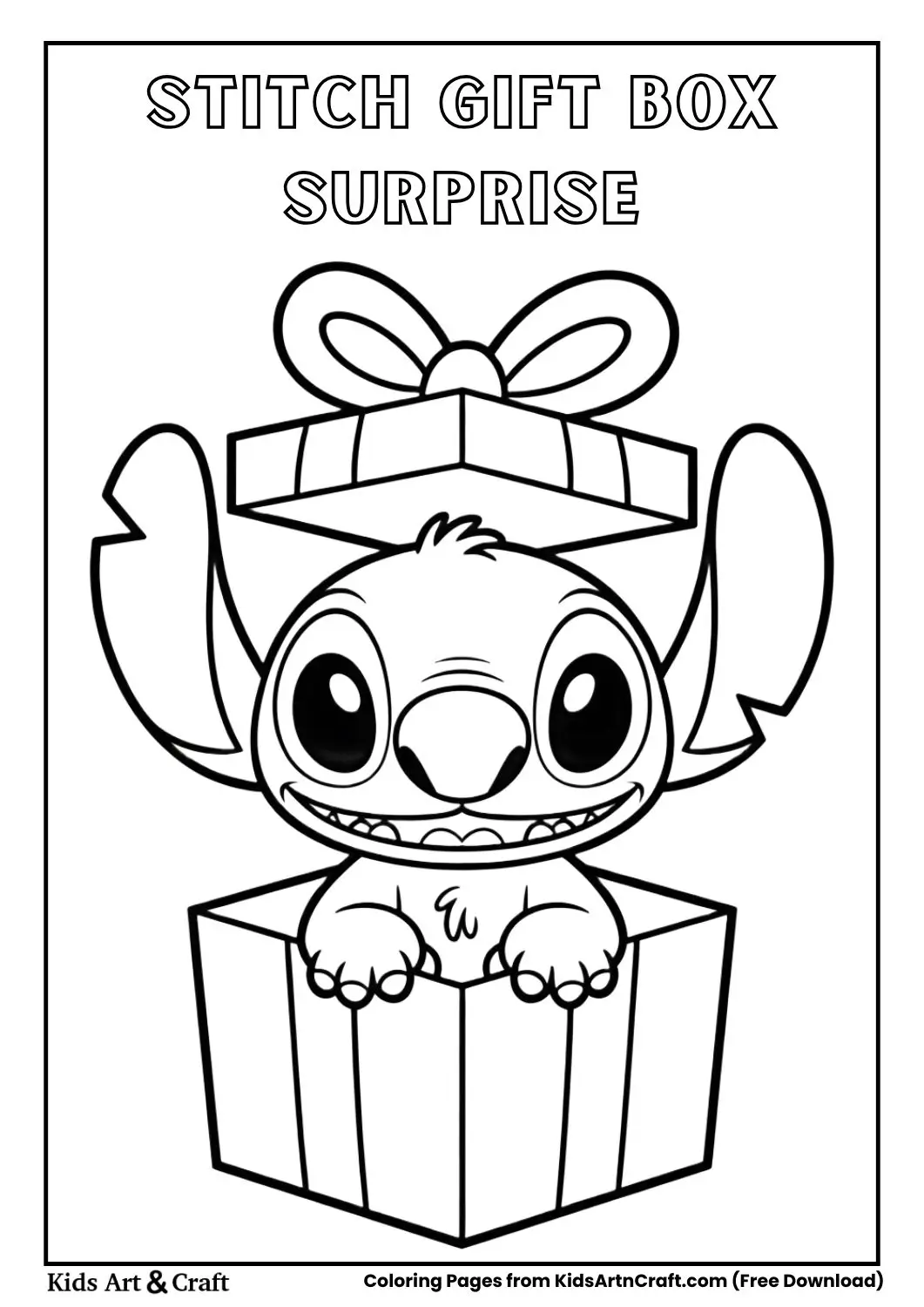 Stitch sitting in gift box black and white coloring page for kids