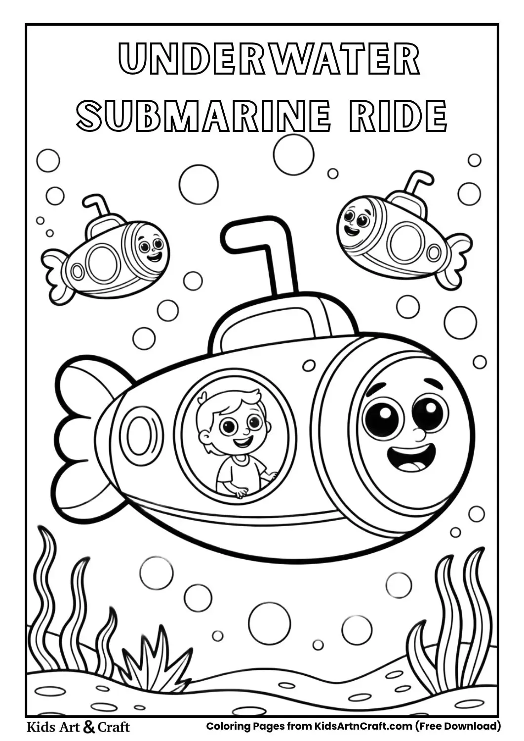 Kids riding a cute submarine carnival ride underwater coloring page