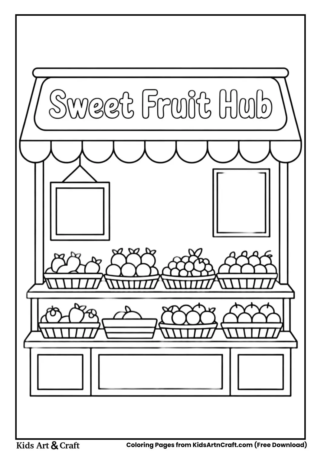 Sweet Fruit Hub hanging signboard fruit shop coloring page