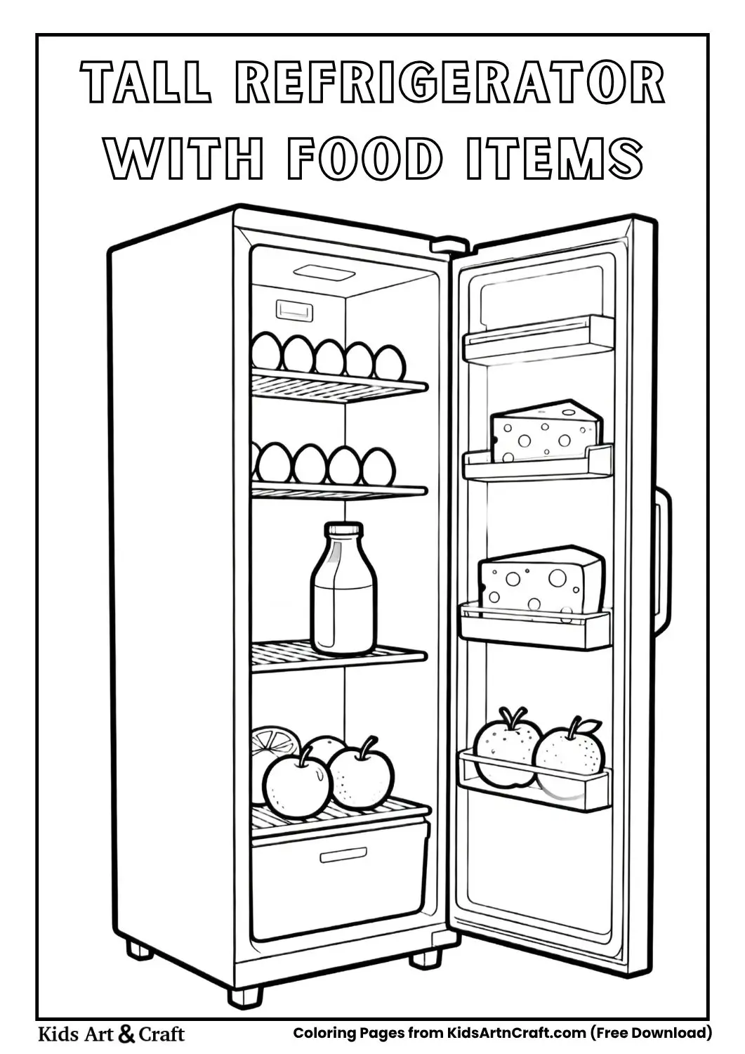 tall refrigerator open with eggs milk cheese and fruits coloring page