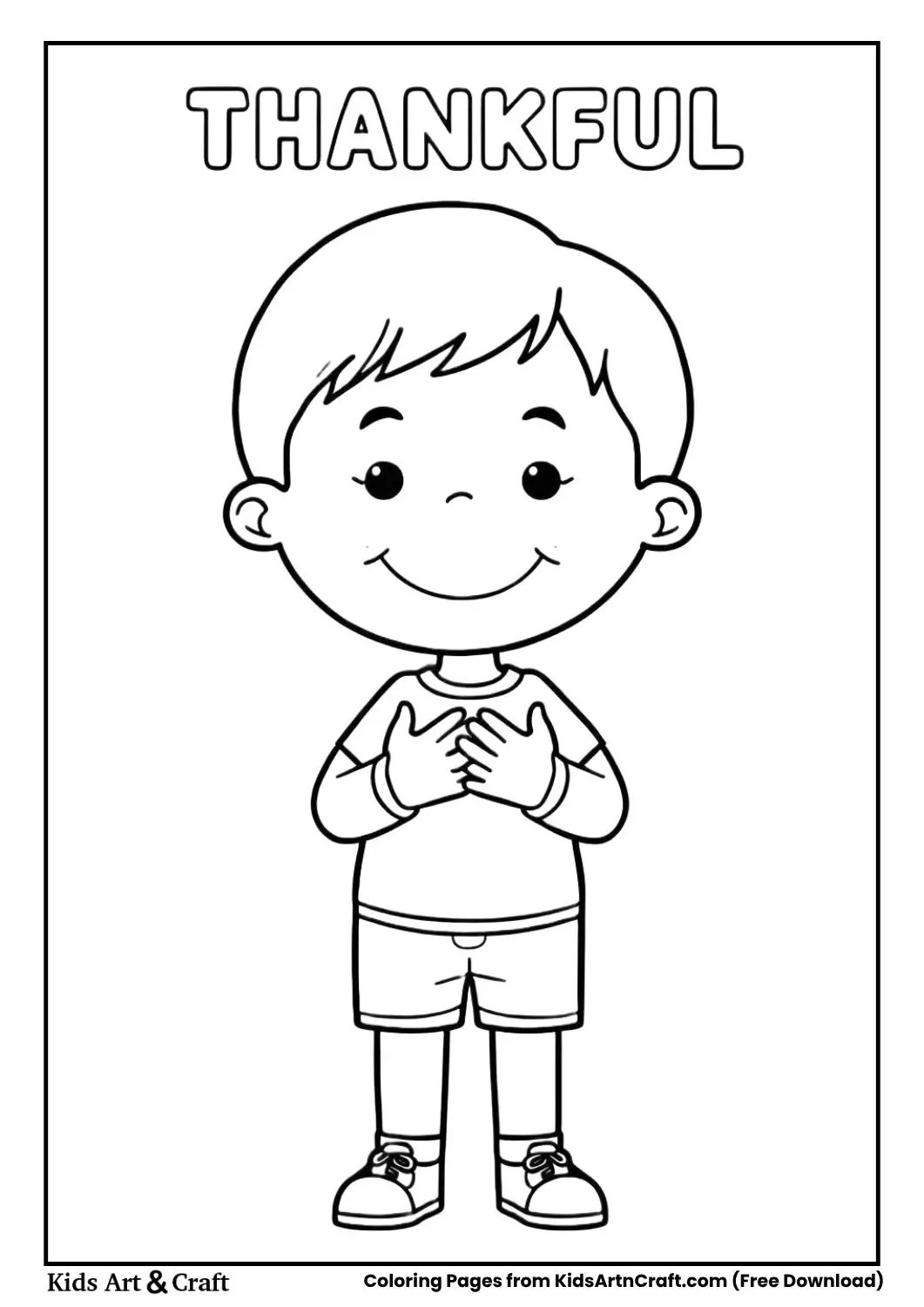 Thankful kid emotion coloring page with child smiling and hands on heart
