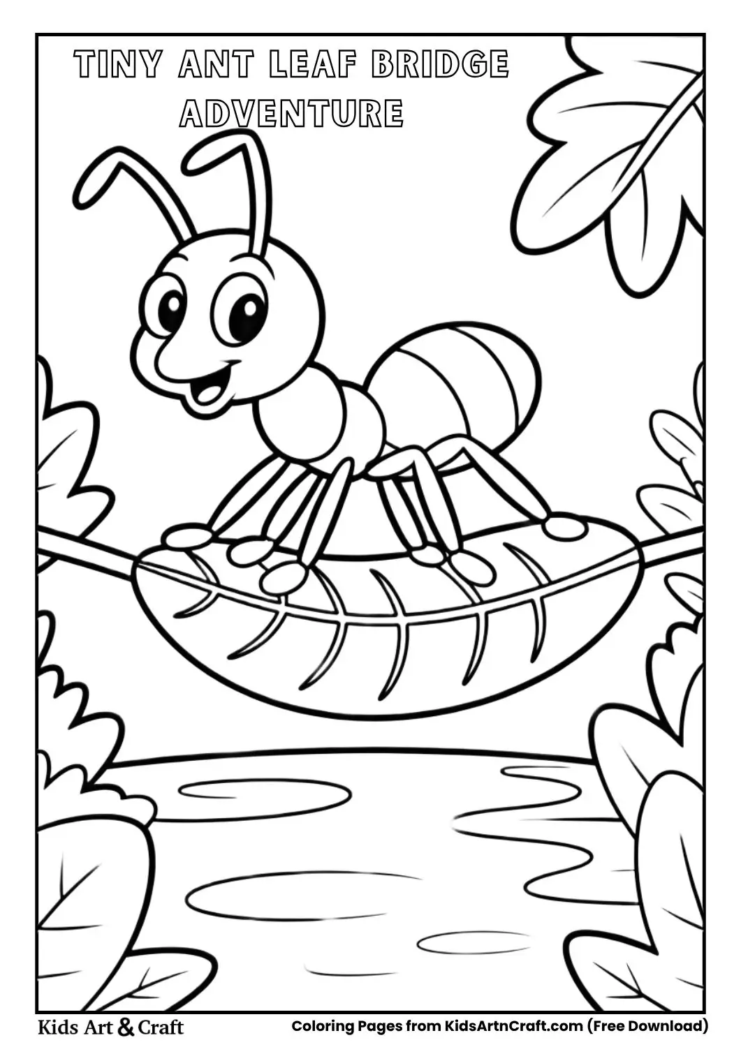Tiny ant crossing a leaf bridge black and white kids coloring page