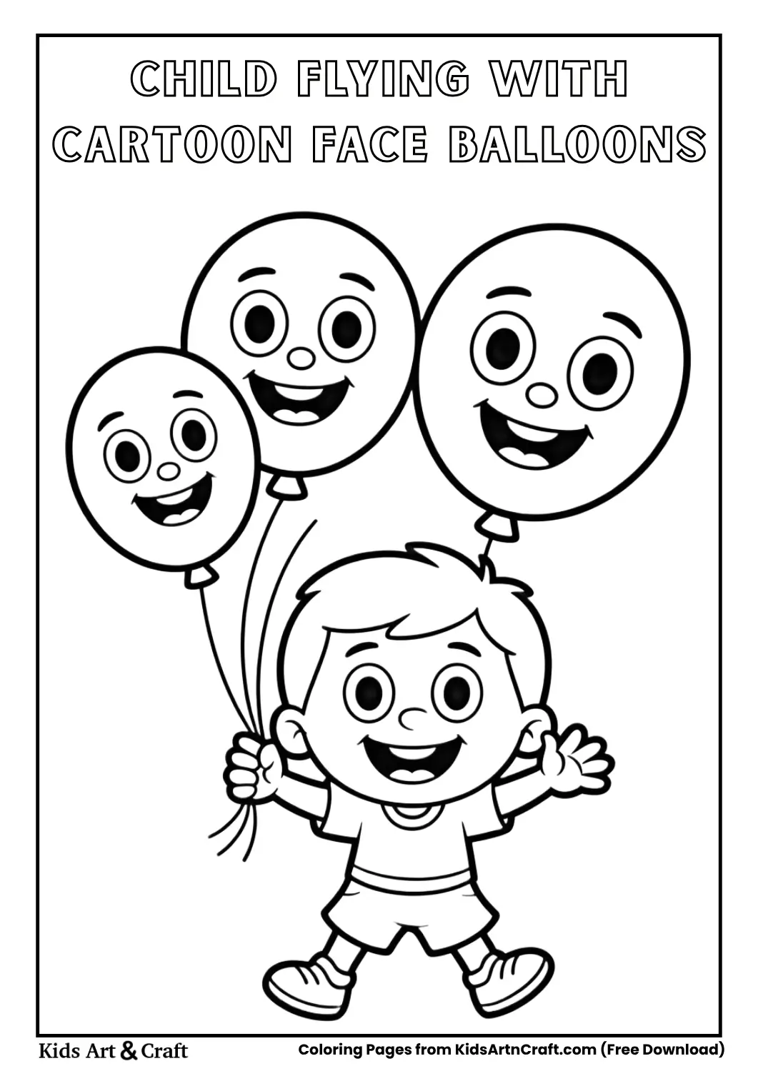 child flying in the sky with cartoon face balloons black and white coloring page for children