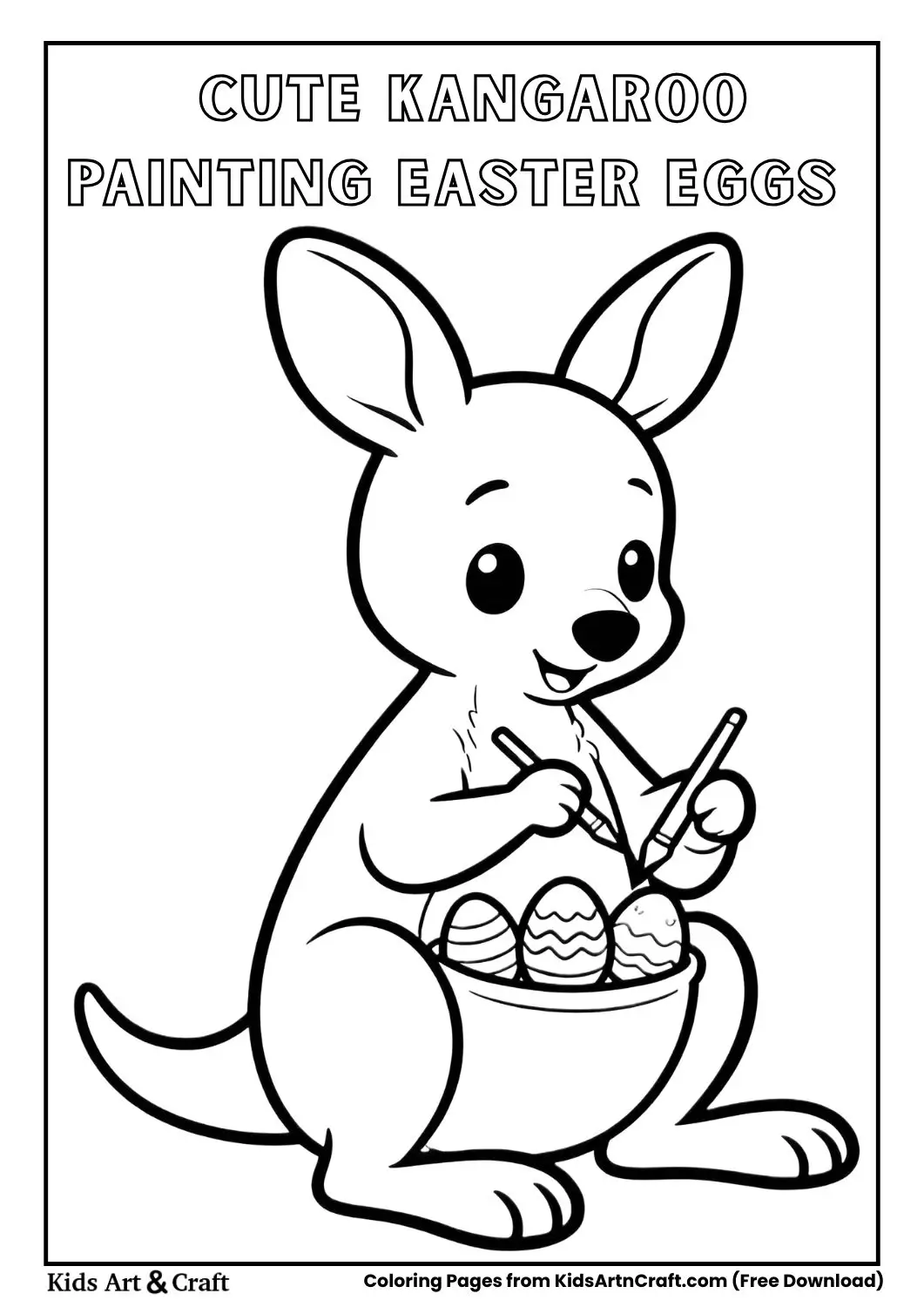 baby kangaroo painting easter eggs black and white coloring page
