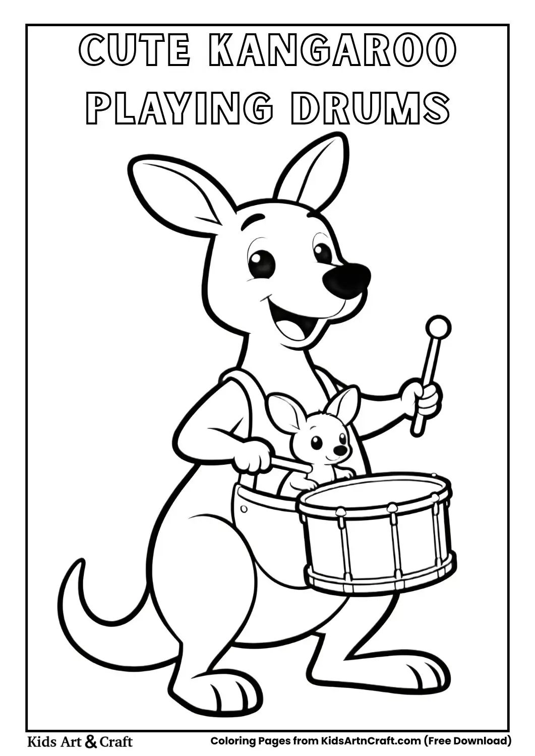 Black and white coloring page of a kangaroo playing drums with a baby joey in its pouch.