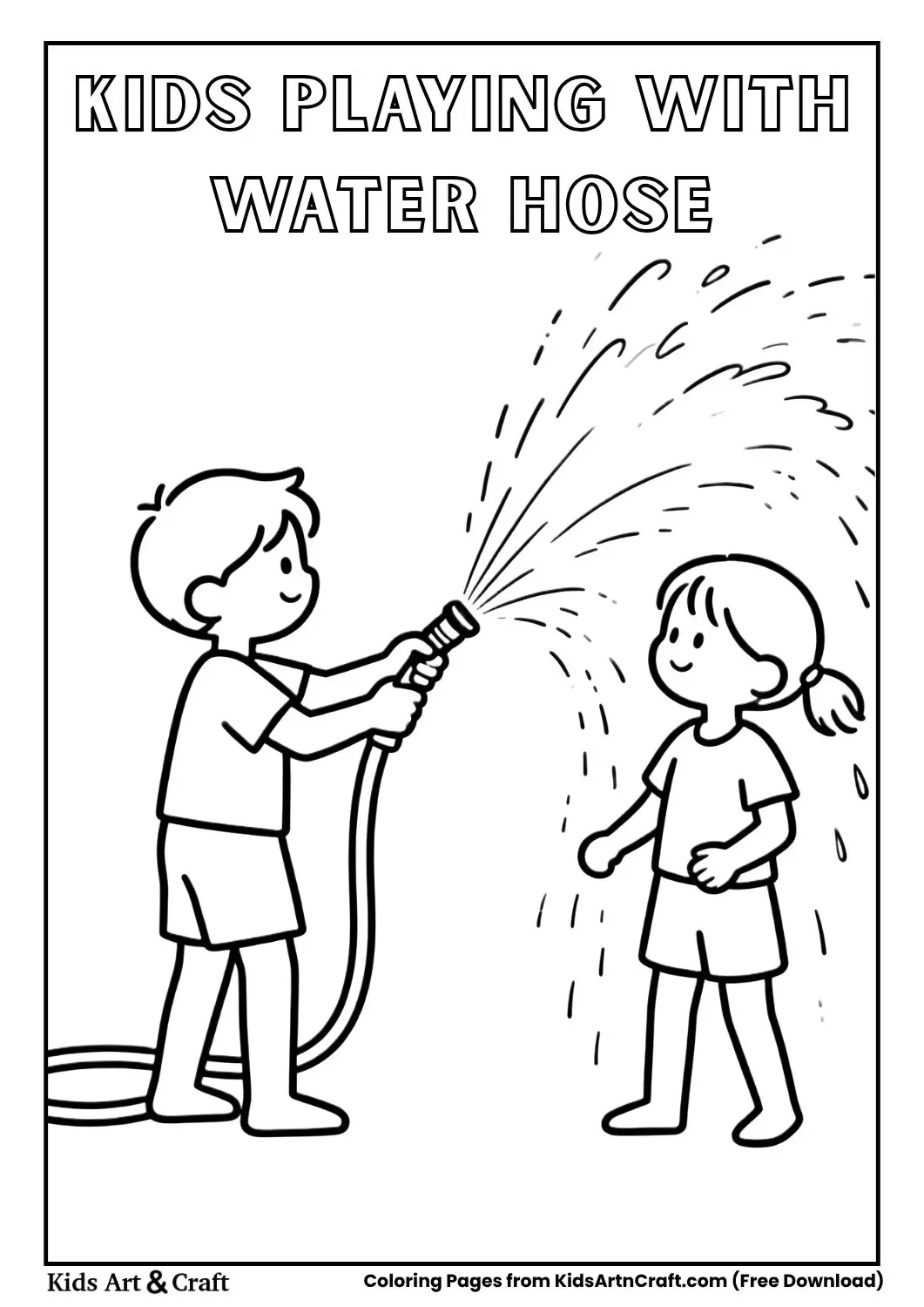 kids spraying water with a hose coloring page black and white