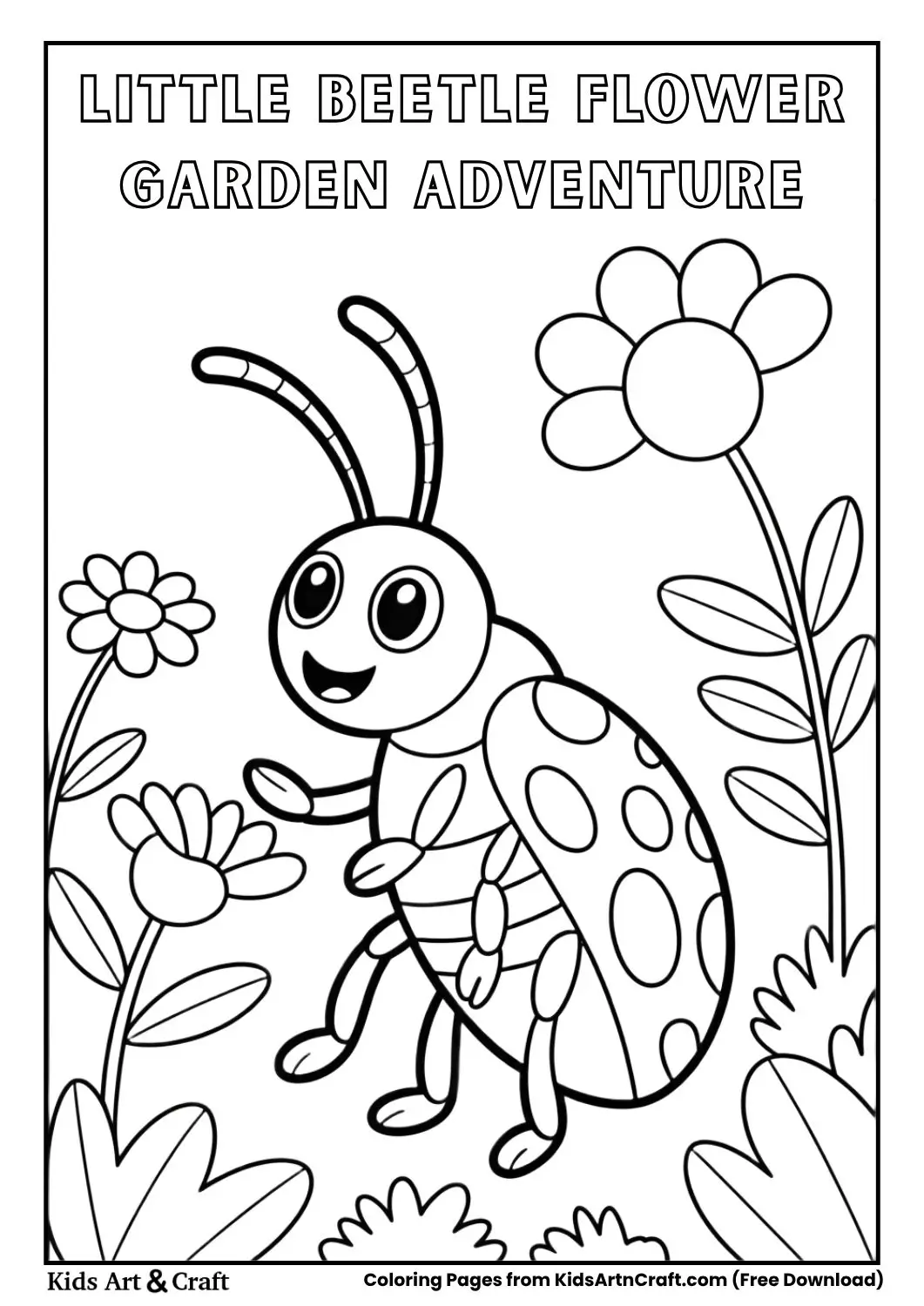 Small beetle exploring a flower garden black and white coloring page for kids