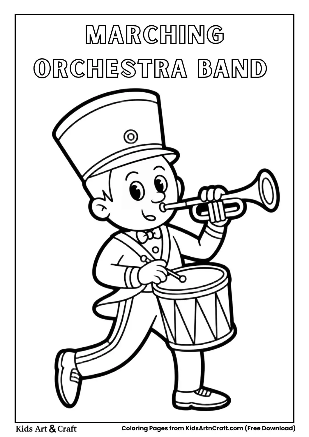 simple marching band with trumpet and drum kids coloring page