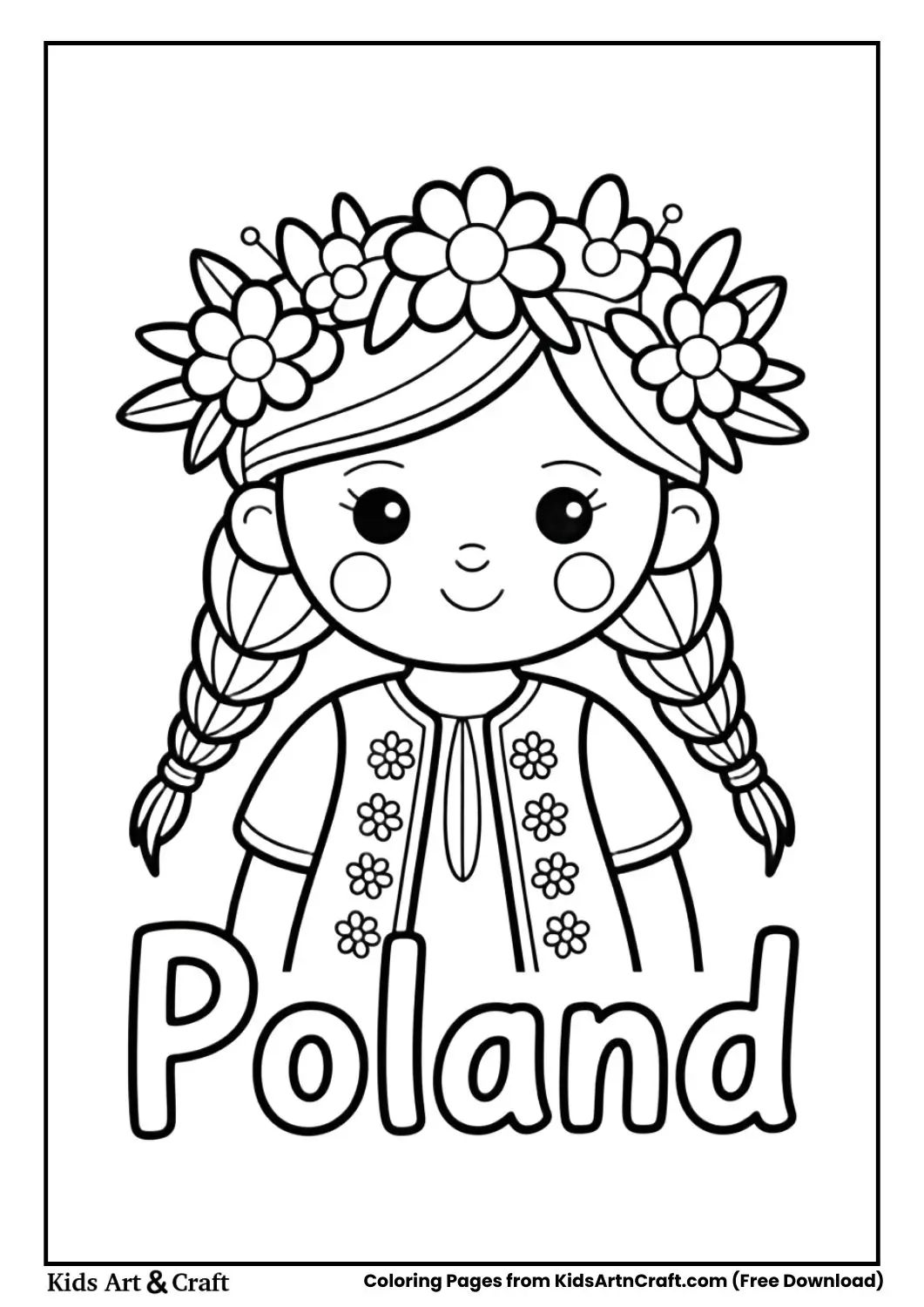Girl wearing Polish folk traditional costume coloring page with country name Poland