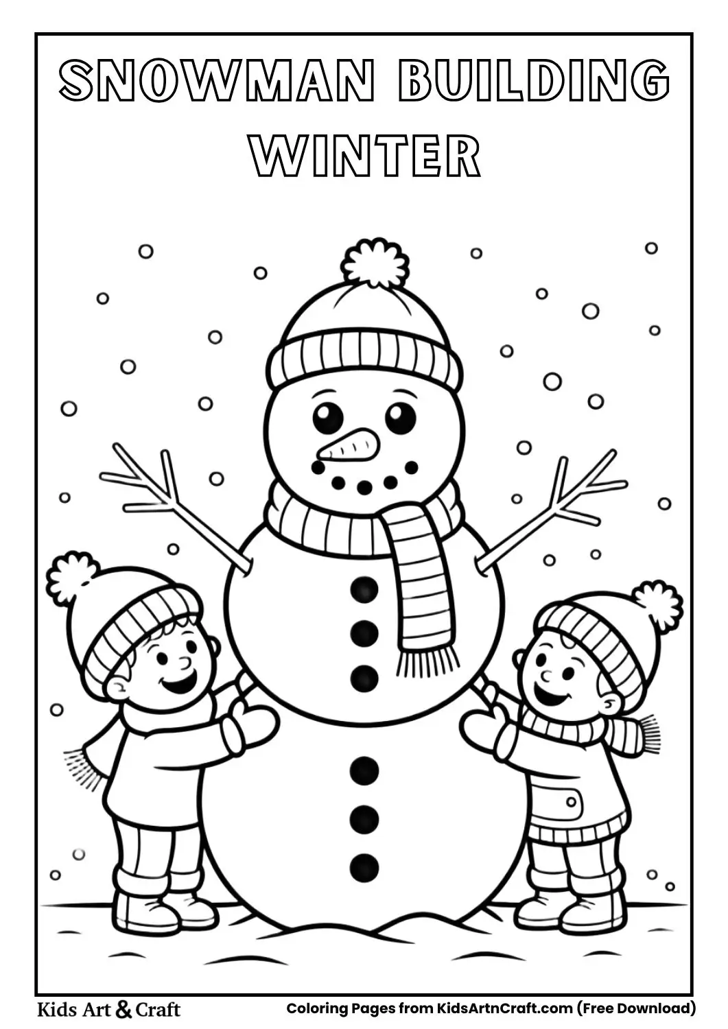 Kids building snowman line art
