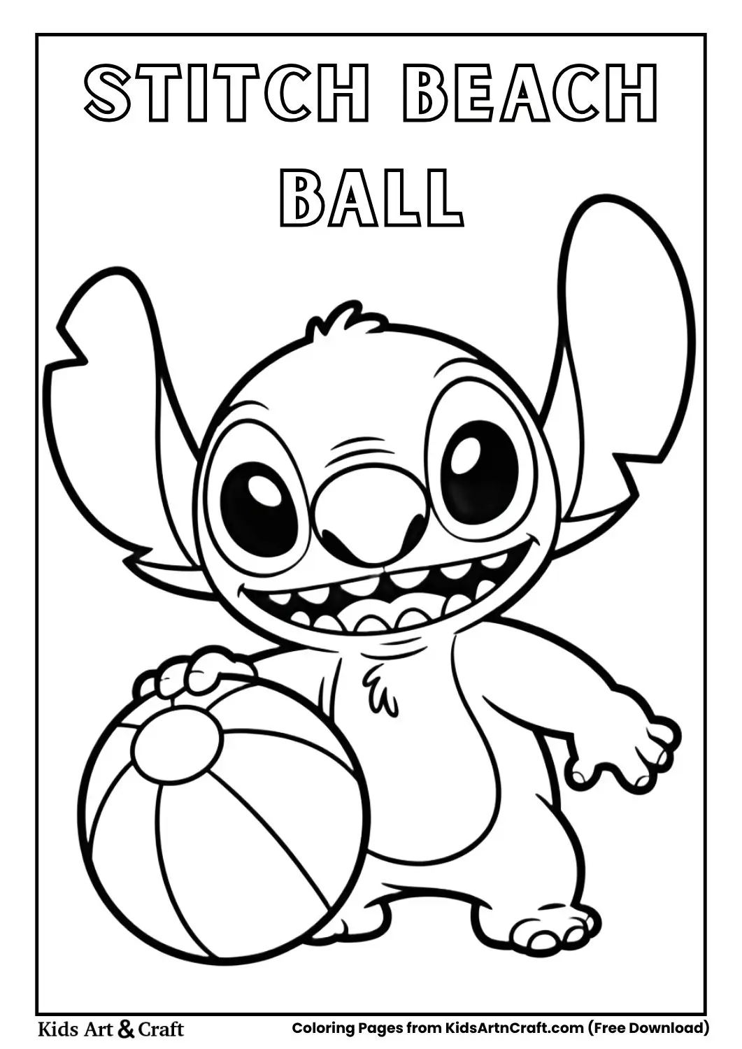 Stitch playing with beach ball black and white coloring page for kids