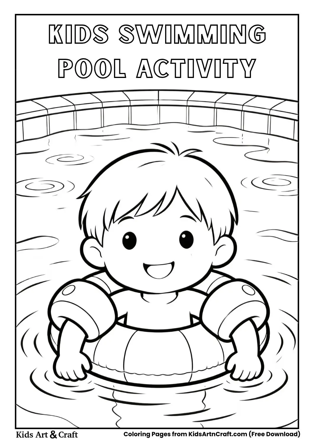 Black and white coloring page of a child swimming in a pool