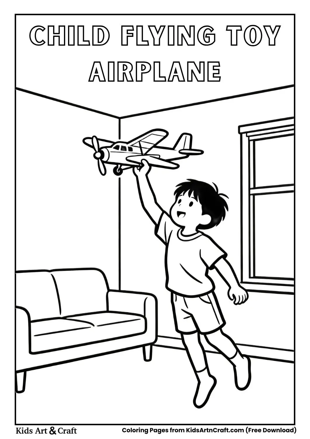 Kid pretending to fly toy airplane indoors