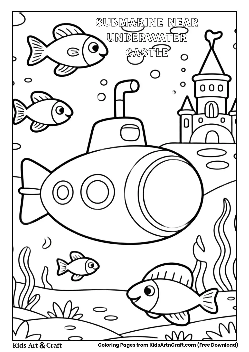 submarine exploring underwater castle with fish coloring page