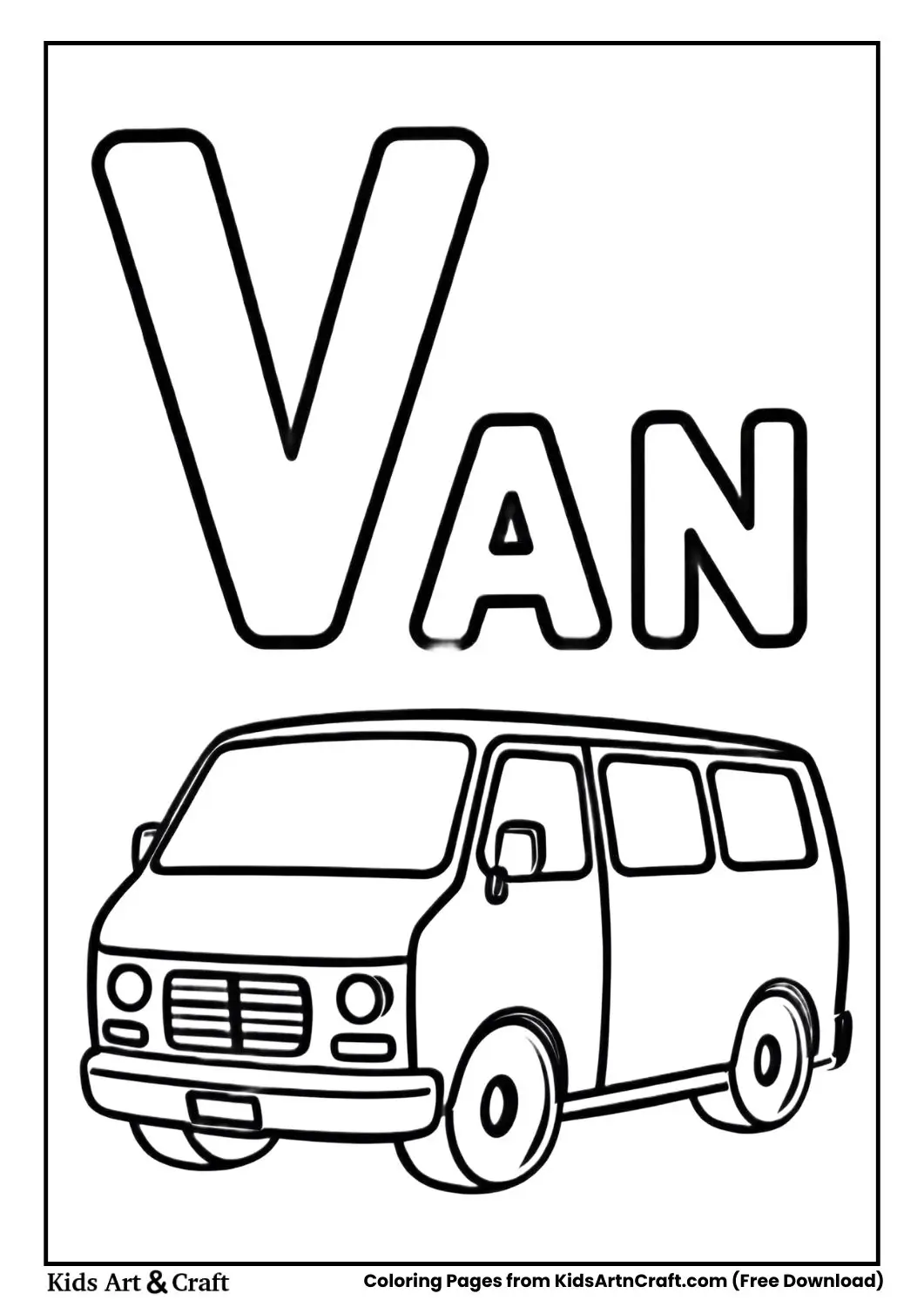 V for Van coloring page with simple vehicle drawing