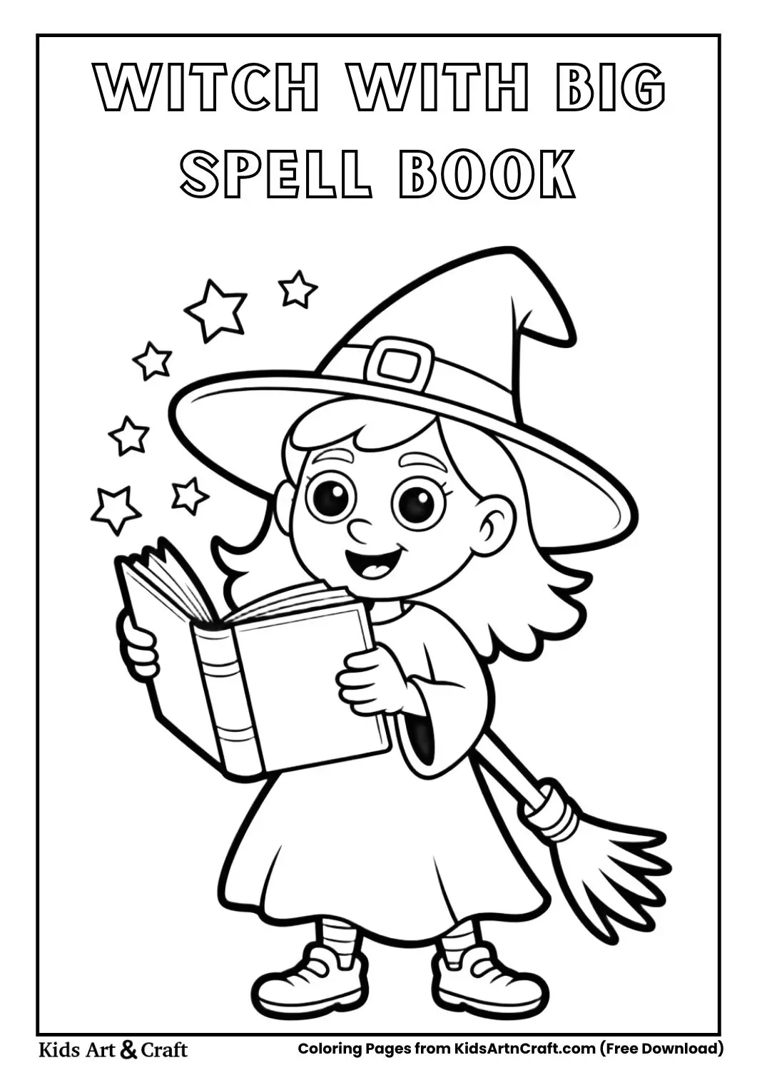 Little witch holding a big spell book coloring page
