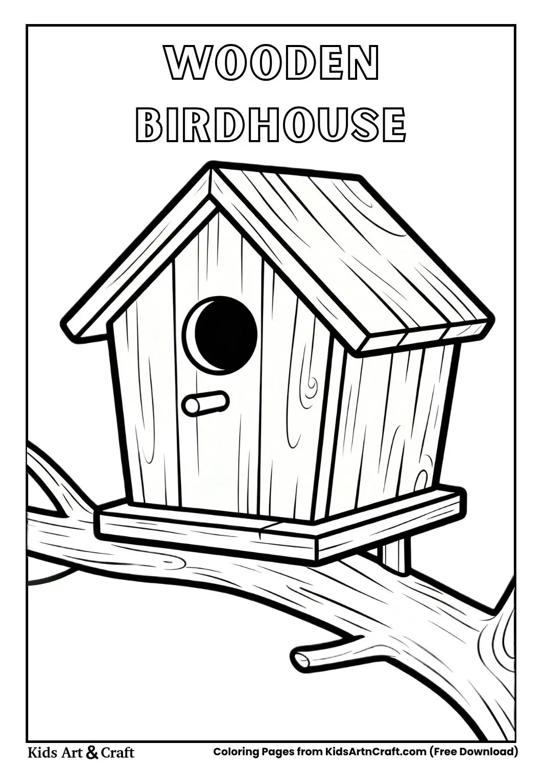 Simple wooden birdhouse hanging on branch black and white coloring page for kids
