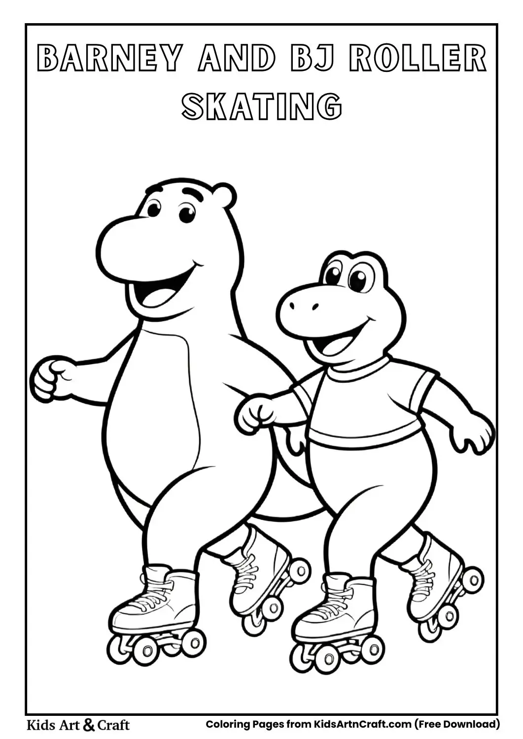 Barney and BJ roller skating together cartoon coloring page