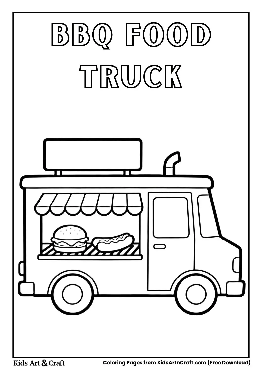 cartoon barbecue food truck serving burgers and hotdogs coloring page