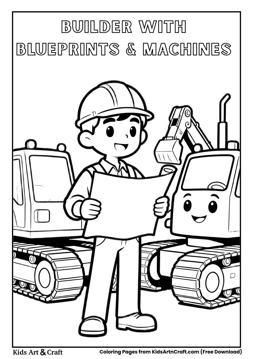Cartoon builder holding blueprints with smiling construction vehicles coloring page