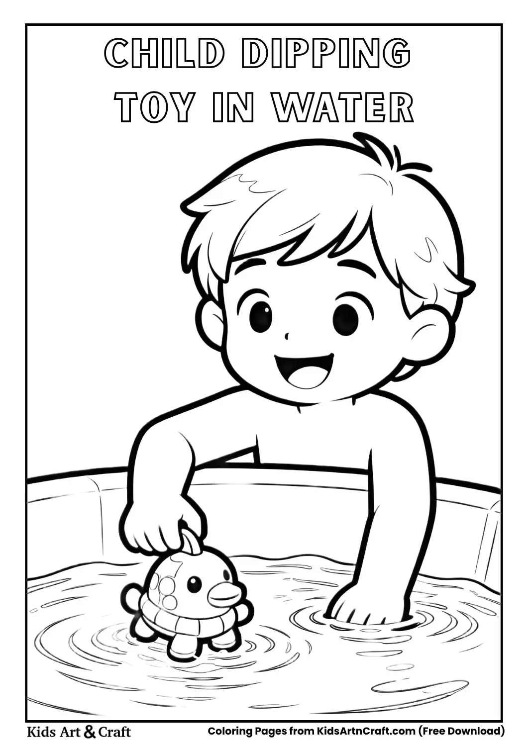 child dipping a toy into water coloring page black and white