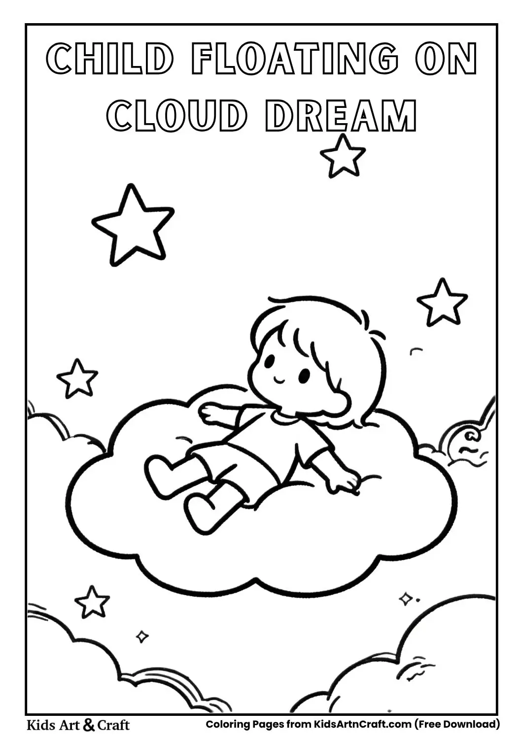 Dream world coloring page with a child floating on a cloud and stars in simple black and white outlines