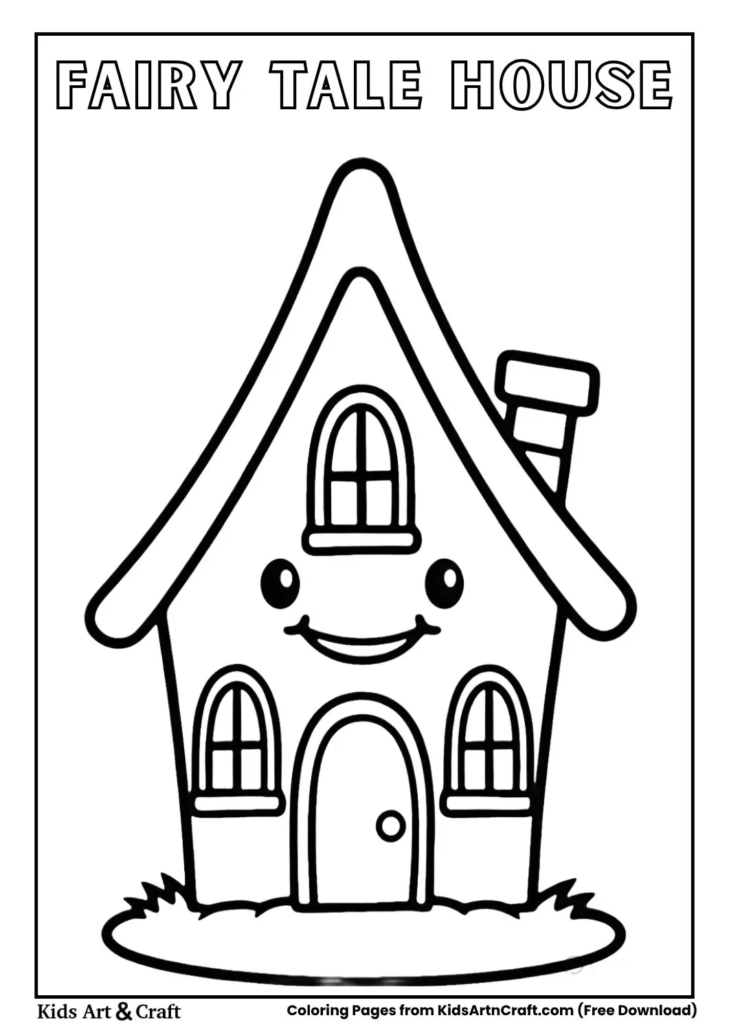 cute fairy tale house with smiling face black and white coloring page for kids