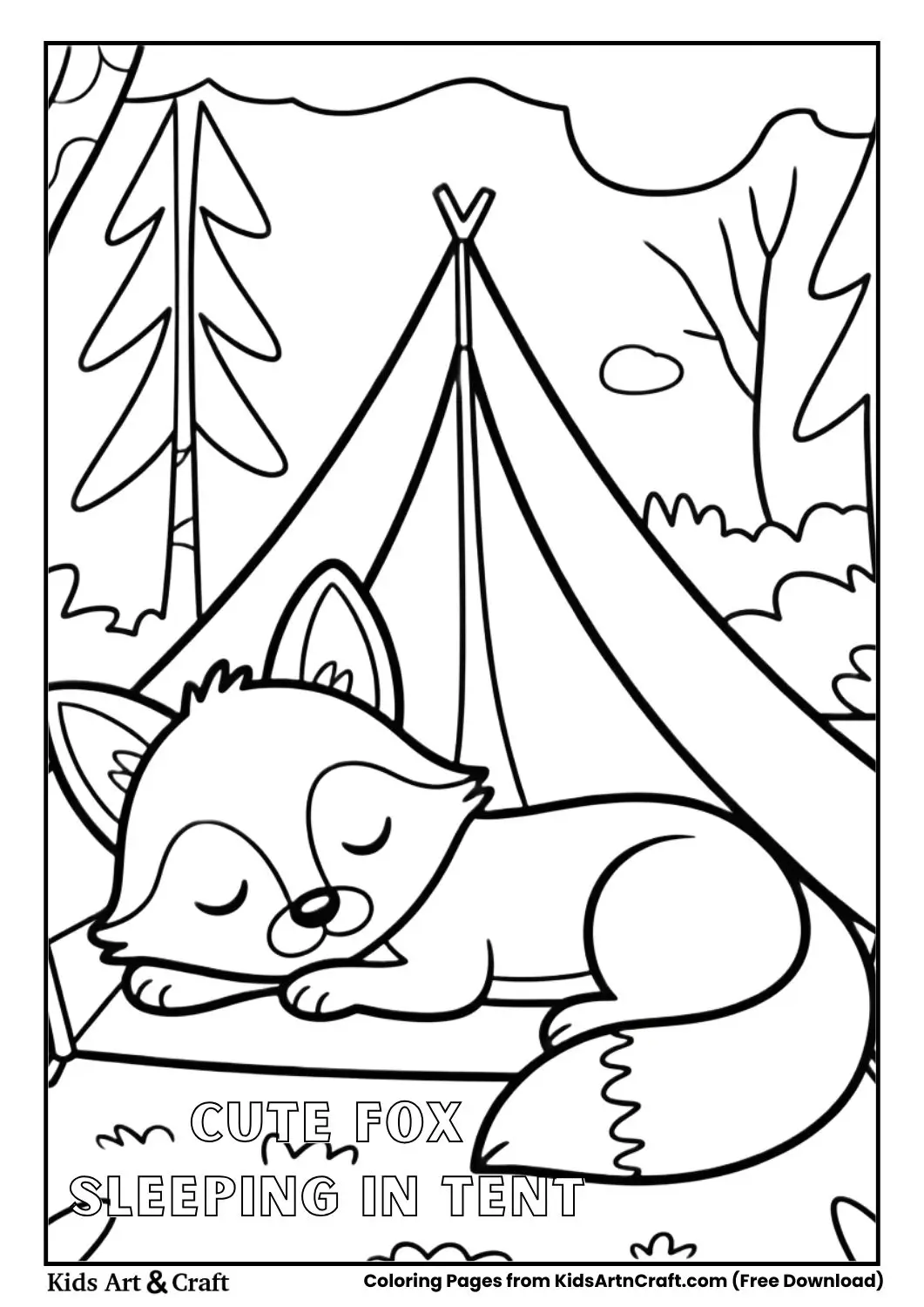 cute fox sleeping inside camping tent coloring page