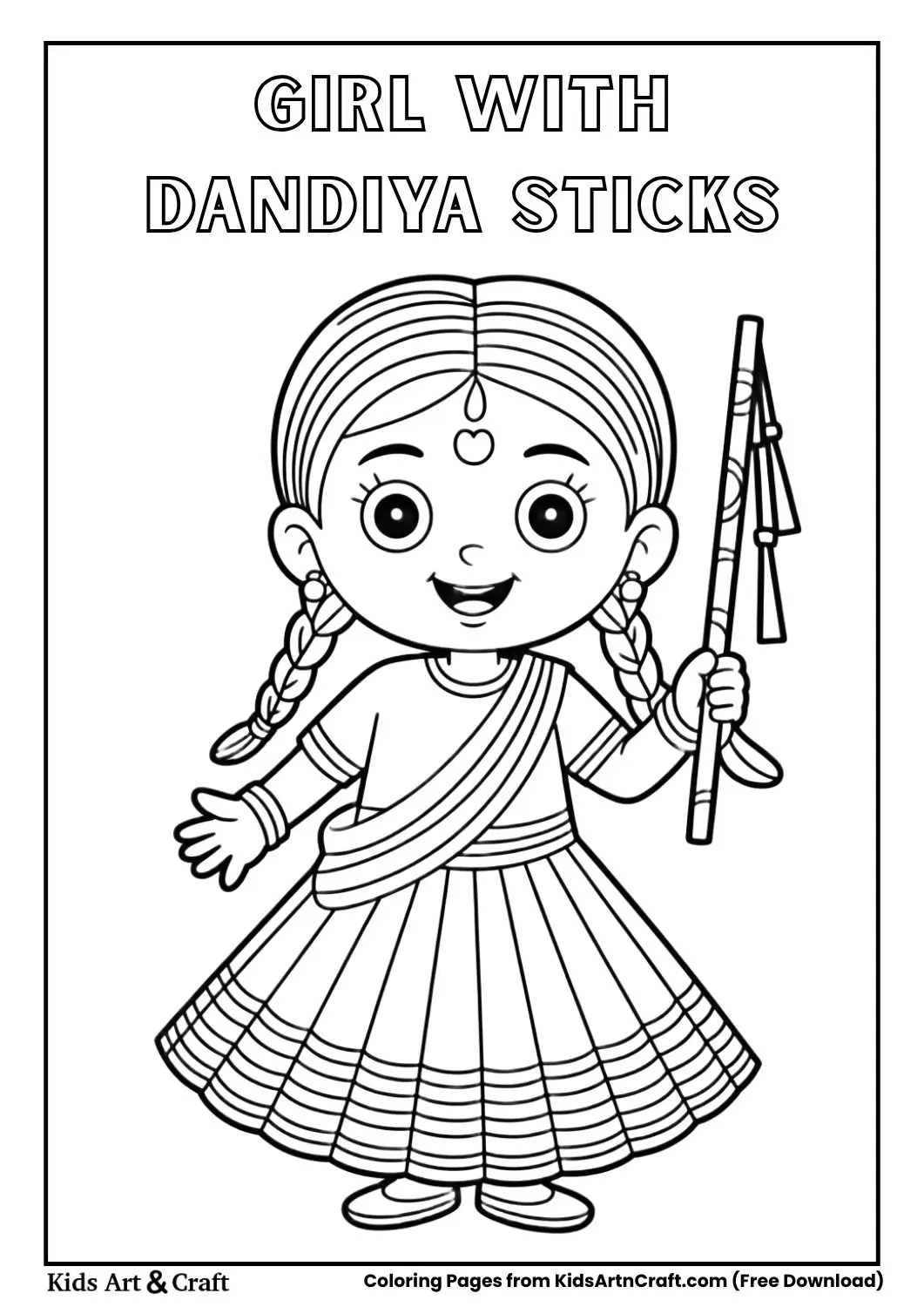 Girl holding dandiya sticks Navratri coloring page