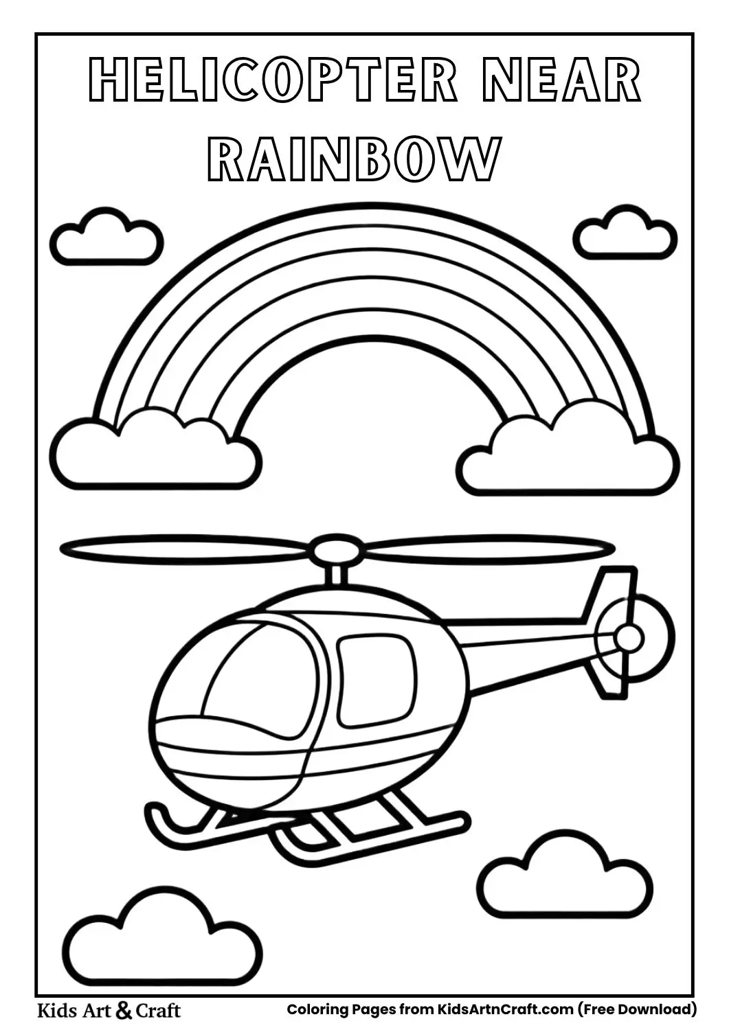 Helicopter flying near rainbow and clouds black and white coloring page