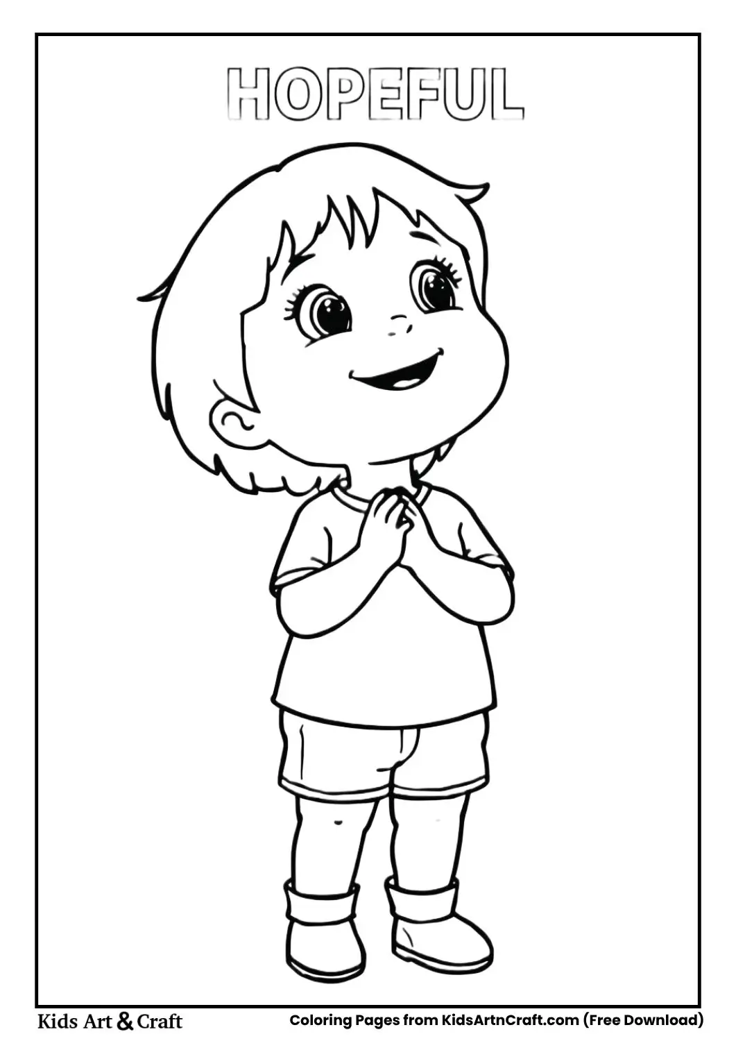 Hopeful kid emotion coloring page with child looking up and smiling softly