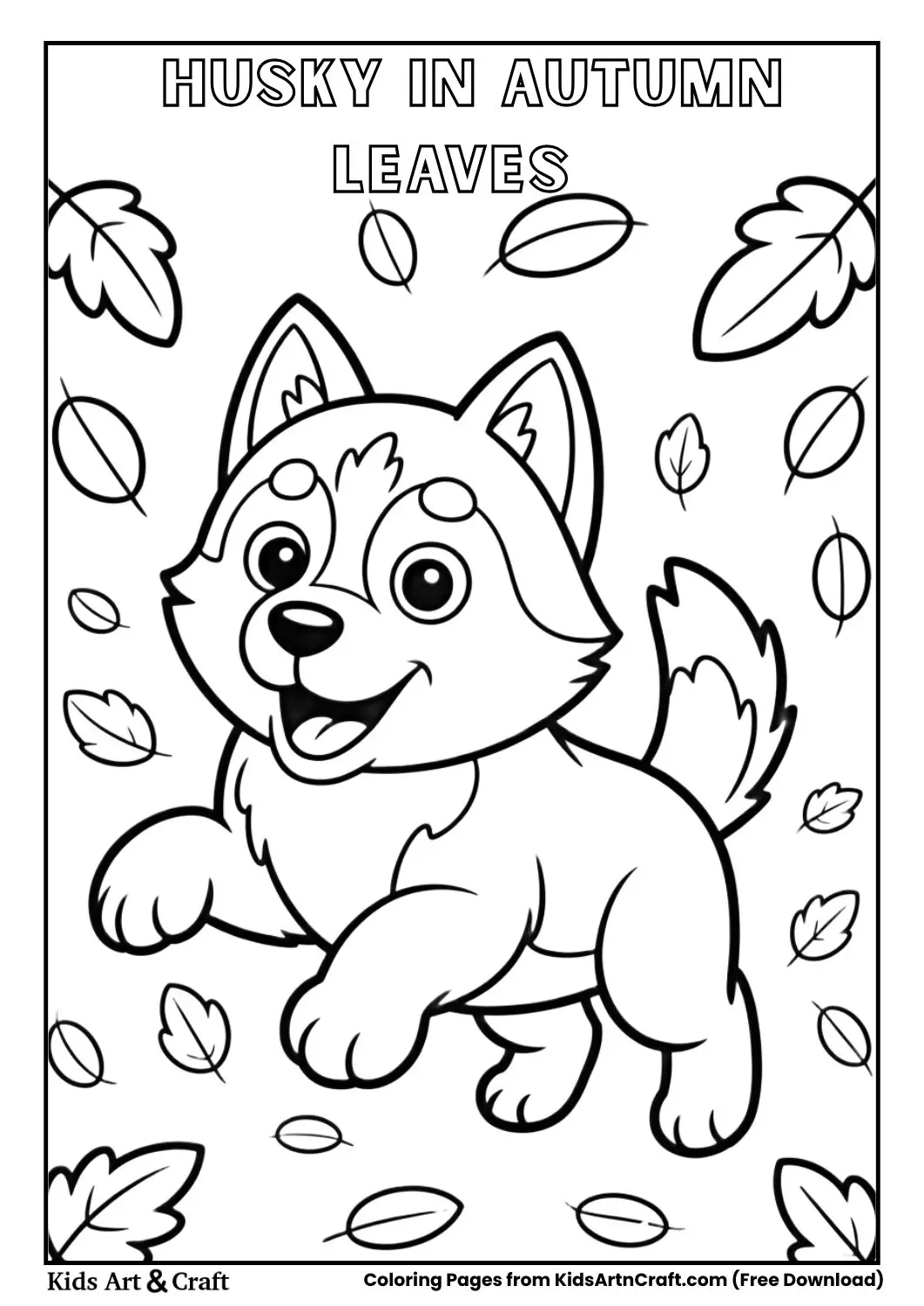 Husky playing in falling leaves coloring page