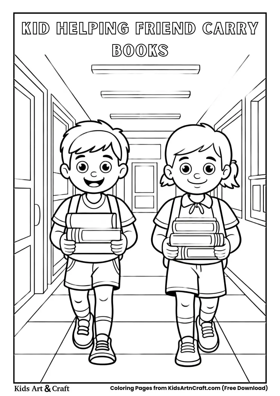 student helping friend carry books in school hallway coloring page