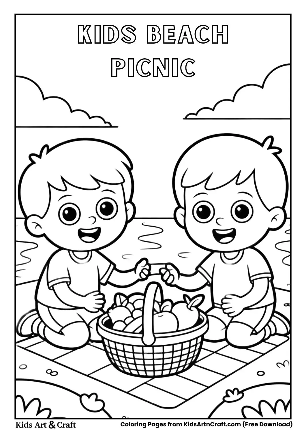 kids having picnic on beach with basket coloring page