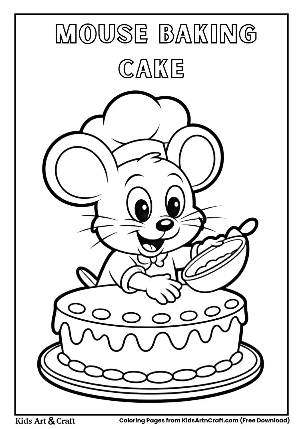 black and white coloring page of a mouse decorating a large cake