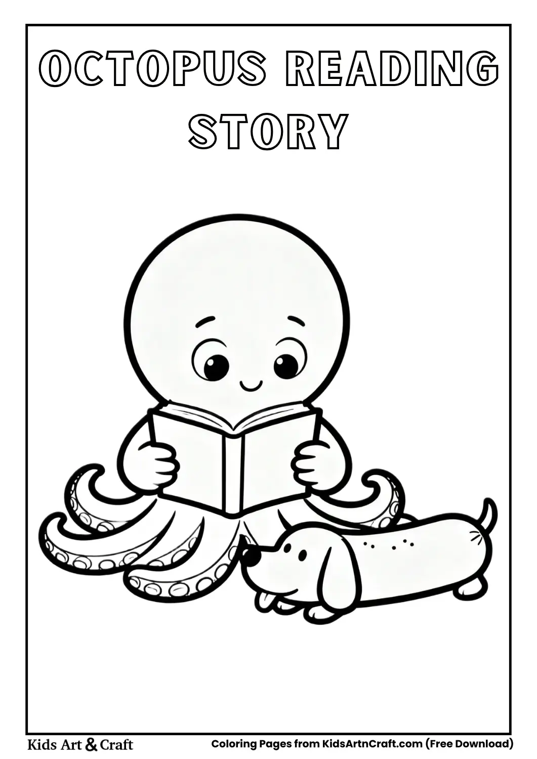 Octopus holding book while sausage dog listens coloring page
