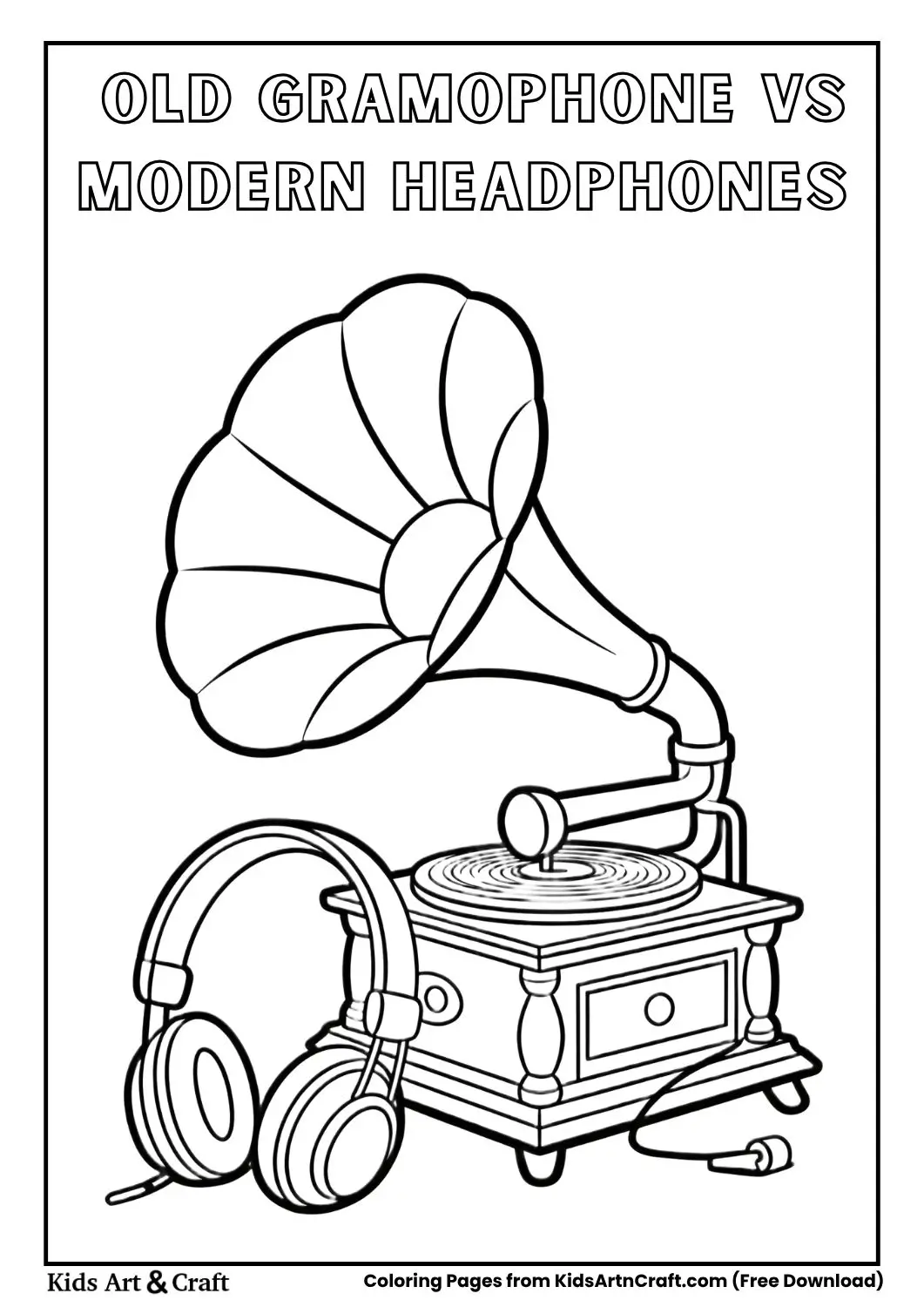 Old gramophone and modern music headphones coloring page