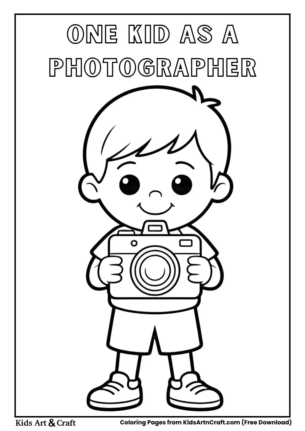 black and white coloring page of a child holding a camera and smiling