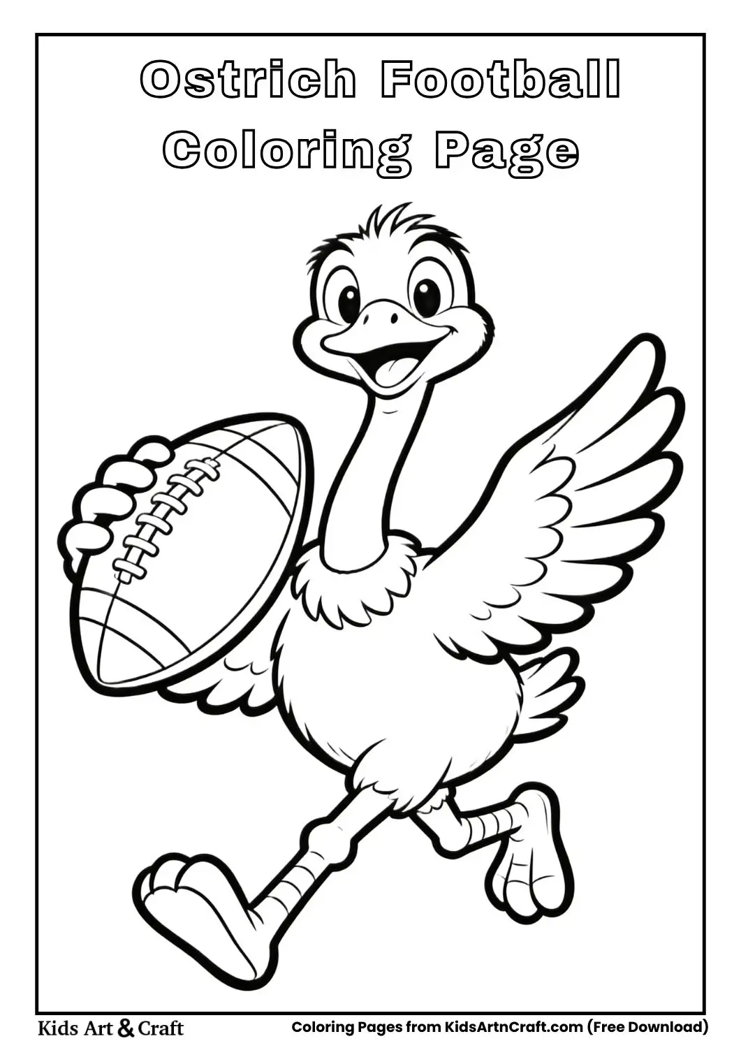 Ostrich holding football black and white coloring page