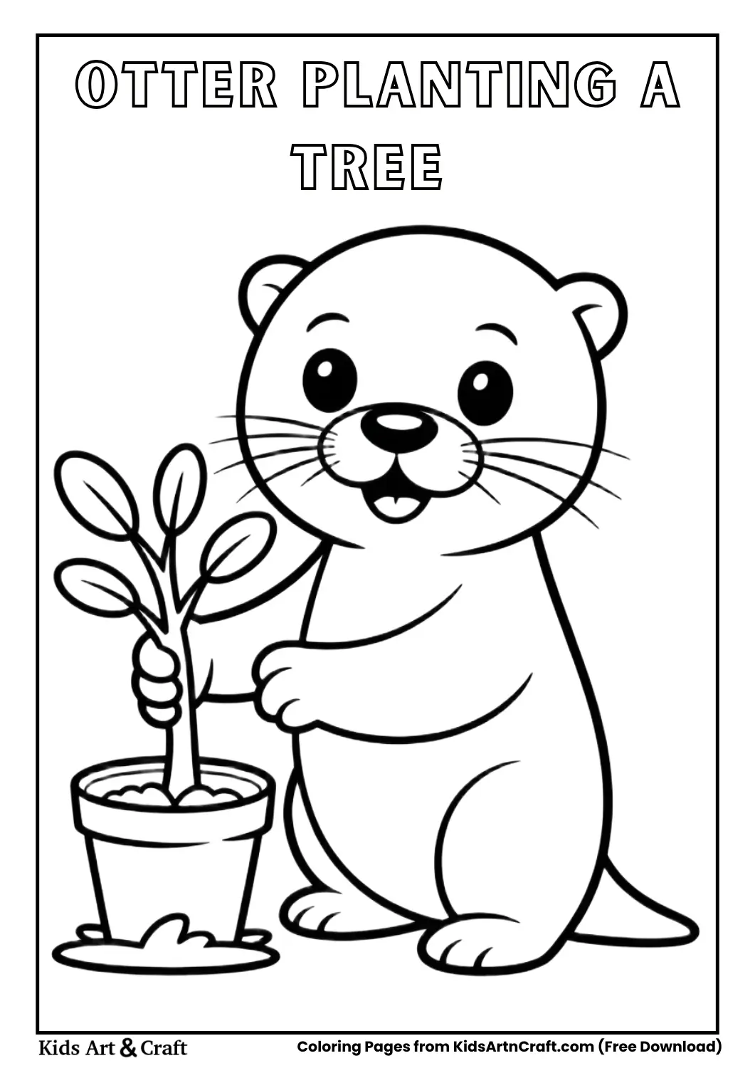Cute otter planting small tree simple coloring page.