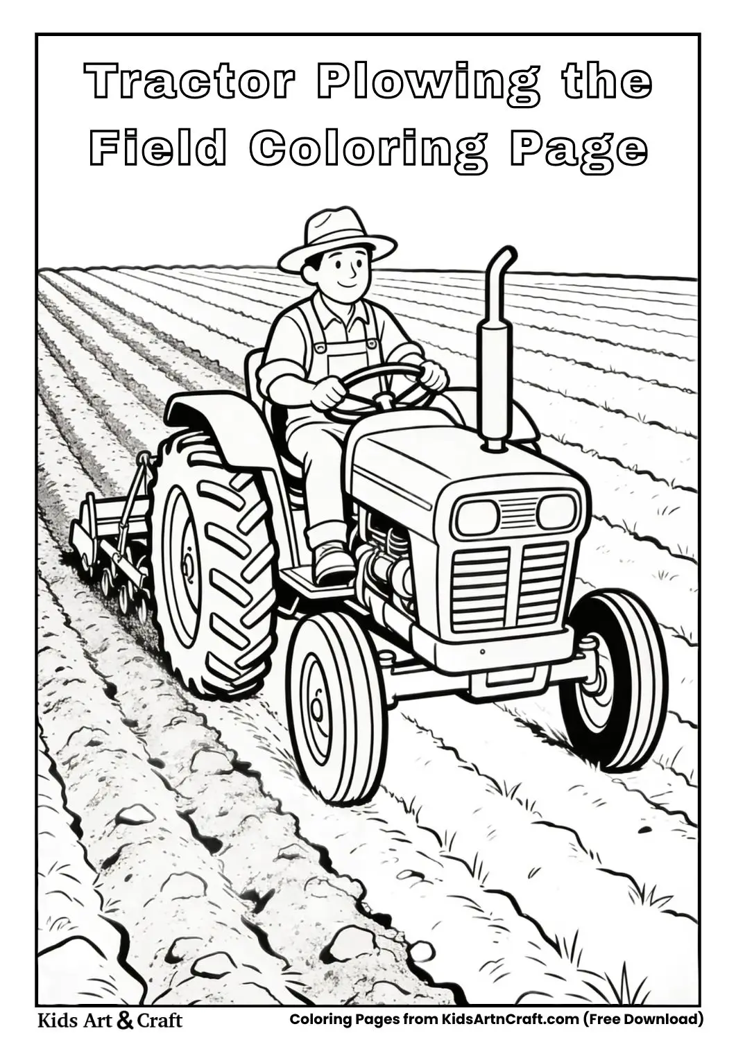 Black and white coloring page of a tractor plowing straight rows in a field.