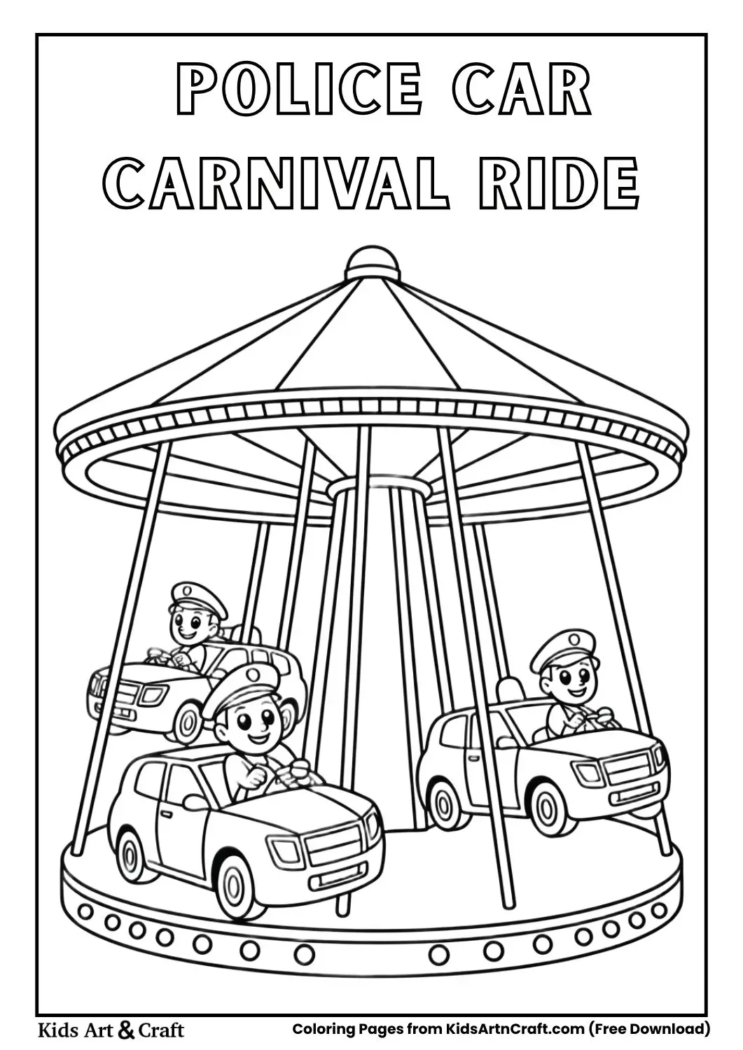 Kids riding police cars on a carnival ride coloring page