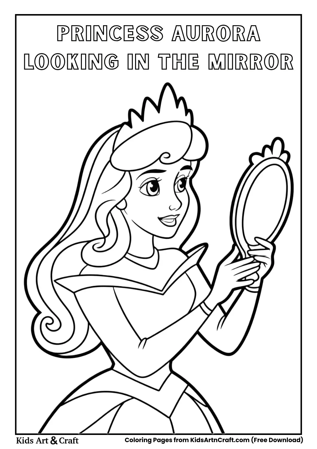 Princess Aurora looking into mirror adjusting crown coloring page